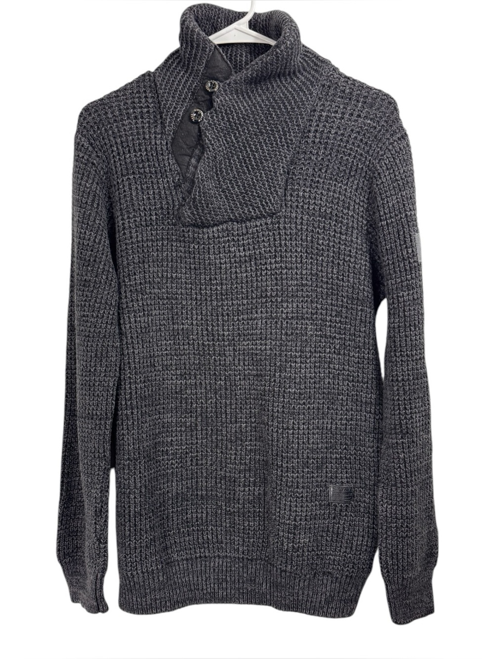 G-Star Raw Size Large Heavy Waffle Knit Cotton Sweater Shawl Collar Preppy Logo